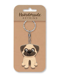Pug dog wooden keyring