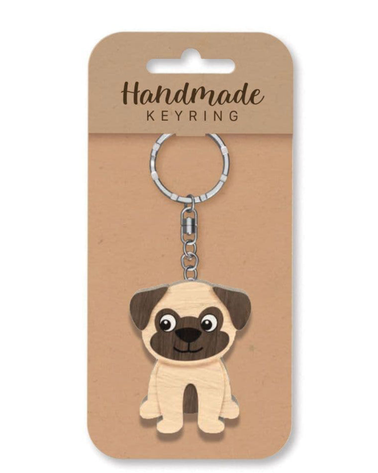 Pug dog wooden keyring