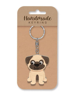 Pug dog wooden keyring