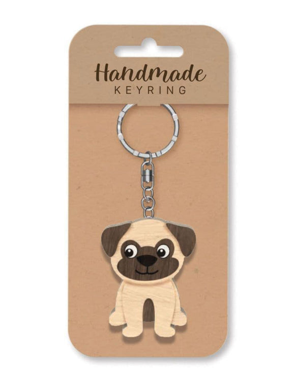 Pug dog wooden keyring