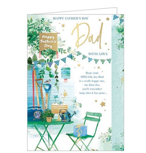 This stylish fathers day card is decorated with watercolour illustrations of gardening accoutrements, and special thoughtful words.  The text on the front of the card reads "Happy Father's Day, Dad with love..Hope your special day Dad is a really happy one, the kind that you'll remember long after it has gone....".  