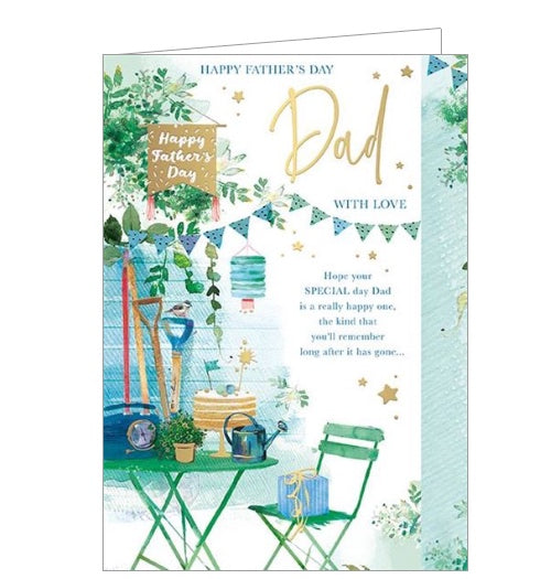 This stylish fathers day card is decorated with watercolour illustrations of gardening accoutrements, and special thoughtful words.  The text on the front of the card reads 