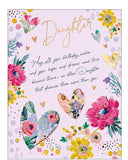 Celebrate your daughter with this richly coloured and beautifully heartfelt birthday card. Stylised hearts in shades of blue, pink, and shimmering gold form a deep, decorative border, adorned with delicate flowers and mini hearts - all set against a soft lilac background.

The touching message on the front reads&nbsp;"Daughter...May all your birthday wishes and your hopes and dreams come true, because there’s no other daughter that deserves them more than you."
