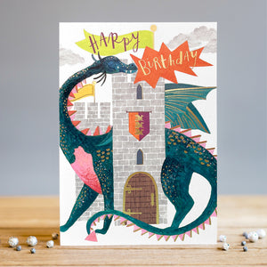 Send your special youngster a birthday card they won't forget! This Louise Tiler birthday card is decorated with a petrol blue and pink dragon surrounding a castle tower. Gold text on the front of the card reads "Happy Birthday".