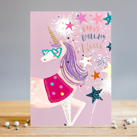 This birthday card is perfect for special niece who loves a bit of fun and sparkle! Featuring a stylised unicorn with a purple mane, wearing heart-shaped glasses and surrounded by stars and sparkles, this card is sure to make her smile! The caption on the front of the card reads 