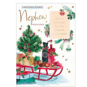 Featuring a playful sleigh filled with presents, a classic Christmas tree, and festive decorations, this Christmas card is sure to send joy to your nephew this Christmas. The caption on the front of the card reads&nbsp;"Christmas Wishes Nephew with love...whenever you're around there's lots of smiles, fun and cheer".