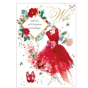 This elegant Christmas card for a glamourous wife features a beautiful red dress and shoes, adorned with the festive backdrop of holiday foliage. Gold text and details add luxury.&nbsp;The caption on the front of this christmas card reads "For my Wife with love Christmas and always".

Share the joy of the season with your wife through this tasteful and sophisticated card.