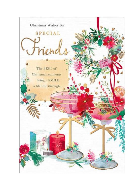 This lovely Christmas card for special friends is decorated with a pair of champagne couples, filled with pink champagne and garnished with festive flowers, foliage and golden bows. The caption on the front of this Christmas card reads 