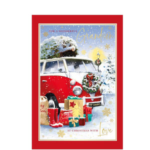 This Christmas card for a special grandson is decorated with an illustration of a vintage red and white campervan sitting in the snow, with a christmas tree on the roof and a pile of presents beside the dormervan.&nbsp;

The caption on the front of the card reads "For a wonderful Grandson...at Christmas with love".