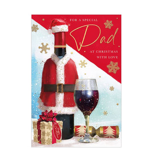 This unique Christmas card for a special dad features a bottle dressed up in a festive Santa outfit, with a glass of red wine already poured, perfect for spreading joy and cheer.&nbsp;

The caption on the front of this Christmas card reads "For a special Dad at Christmas with Love".