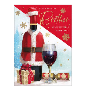 This unique Christmas card for a special brother features a bottle dressed up in a festive Santa outfit, with a glass of red wine already poured, perfect for spreading joy and cheer.&nbsp;