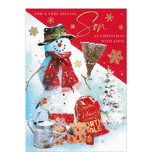 Celebrate the holiday season with our cheerful Christmas card for your beloved Son. The festive red, gold, and white design features a jolly snowman on a snowy slope, along with adorable touches of a robin on a watering can and festive presents. Share the joy and love with your Son this Christmas.