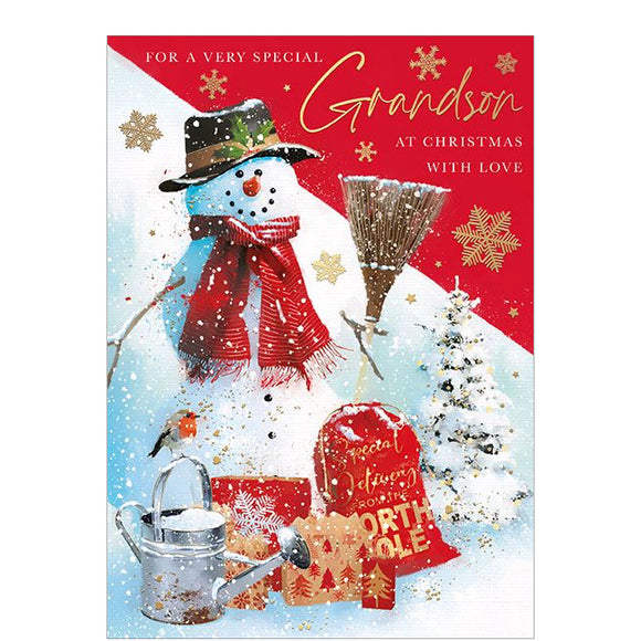 Celebrate the holiday season with our cheerful Christmas card for a beloved grandson. The festive red, gold, and white design features a jolly snowman on a snowy slope, along with adorable touches of a robin on a watering can and festive presents. Share the joy and love with your grand-son this Christmas.

The caption on the front of this Christmas card reads 