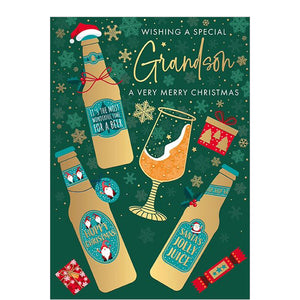 Unleash the holiday cheer with this Christmas card for a special grandson. Gold bottles of beer with festive labels stand out against a dark green background. Red touches and gold snowflakes really make this card pop.