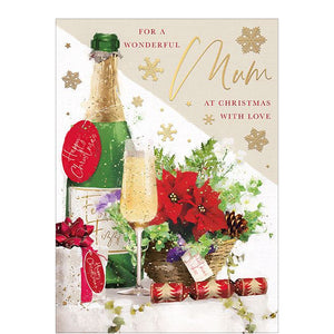 This Christmas card for a special mum features a festive bottle and glass of fizz, along with Christmas trimmings in red, green, and gold.&nbsp;

The caption on the front of this Christmas card reads "For a Wonderful Mum at Christmas with love".