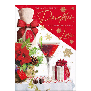 This Christmas card for a special daughter is decorated with a festive bottle and a delicious looking cocktail, along with Christmas trimmings in red, green, and gold.&nbsp;

The caption on the front of this Christmas card reads "For a wonderful Daughter at Christmas with love".