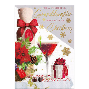 This Christmas card for a special grandaughter is decorated with a festive bottle and a delicious looking cocktail, along with Christmas trimmings in red, green, and gold.&nbsp;

The caption on the front of this Christmas card reads "For a wonderful Granddaughter with love at Christmas".