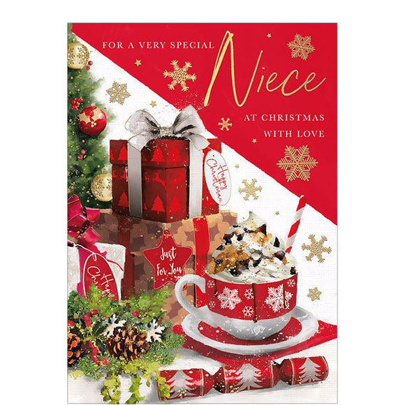 This Christmas card for a special niece is decorated with a delicious looking  mug of luxurious hot chocolate surrounded by Christmas trimmings in red, green, and gold. 

The caption on the front of this Christmas card reads 