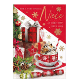 This Christmas card for a special niece is decorated with a delicious looking&nbsp; mug of luxurious hot chocolate surrounded by Christmas trimmings in red, green, and gold.&nbsp;

The caption on the front of this Christmas card reads "For a very special Niece at Christmas with love".