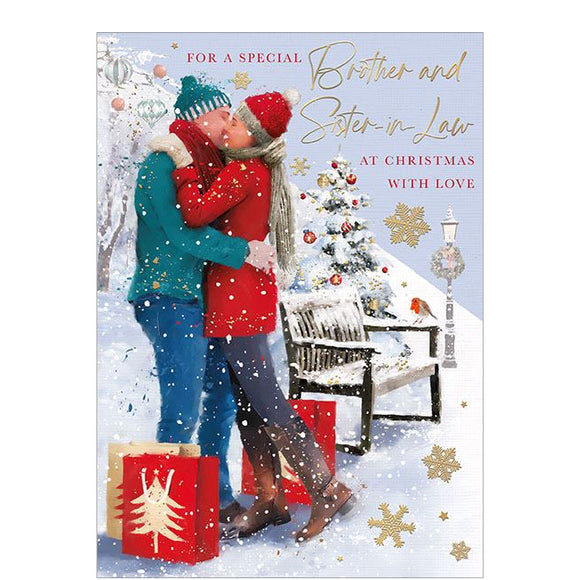 Celebrate the holidays with this beautiful Christmas card for a special brother and sister in law. Featuring a cozy couple kissing in the snow, this card is complete with festive touches, presents, a robin, and Christmas decorations. Share the joy and love with this heartwarming card.