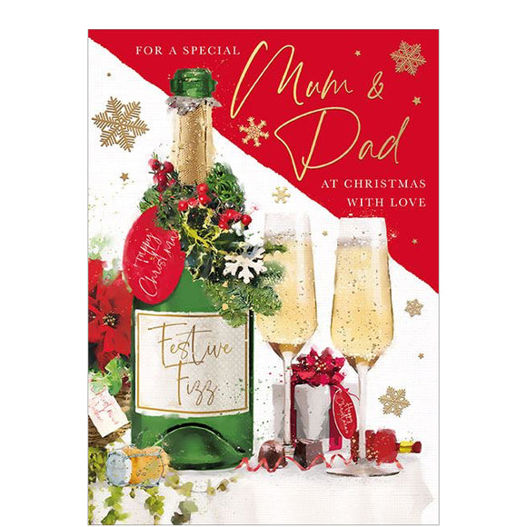 This elegant Christmas card for a special mum and dad features a festive bottle and two glasses of fizz, along with Christmas trimmings in red, green, and gold. 

The caption on the front of this Christmas card reads 