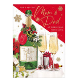 This elegant Christmas card for a special mum and dad features a festive bottle and two glasses of fizz, along with Christmas trimmings in red, green, and gold.&nbsp;

The caption on the front of this Christmas card reads "For a Special Mum &amp; Dad at Christmas with love".