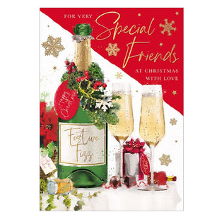 This Christmas card for special friends is decorated with&nbsp; a bottle of festive fizz with glasses, and festive trimmings.

The caption on the front of this Christmas card reads "For very Special Friends at Christmas with love".&nbsp;