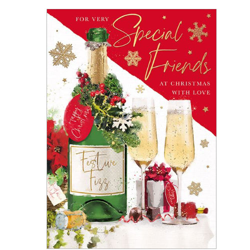 This Christmas card for special friends is decorated with  a bottle of festive fizz with glasses, and festive trimmings.

The caption on the front of this Christmas card reads 