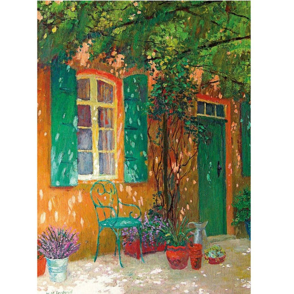 This blank greetings card is decorated with detail from William Ireland's 2003 artwork Arbour, showing a green chair situated outside a terracotta coloured house, with matching green shutters, and pots of bright flowers. An arbour of trees casts a welcome shadow over the chair, making it the perfect place to rest or read.