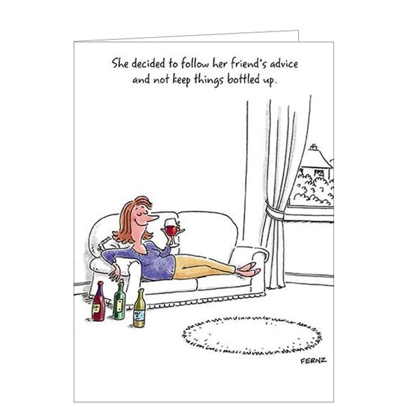 Raise a smile with this funny birthday card from Paper House. A cartoon drawing on this greetings card shows a lady reclining on a sofa with several empty wine bottles on the floor beside her, and a glass of wine in her hand. The caption on the front of the card reads 