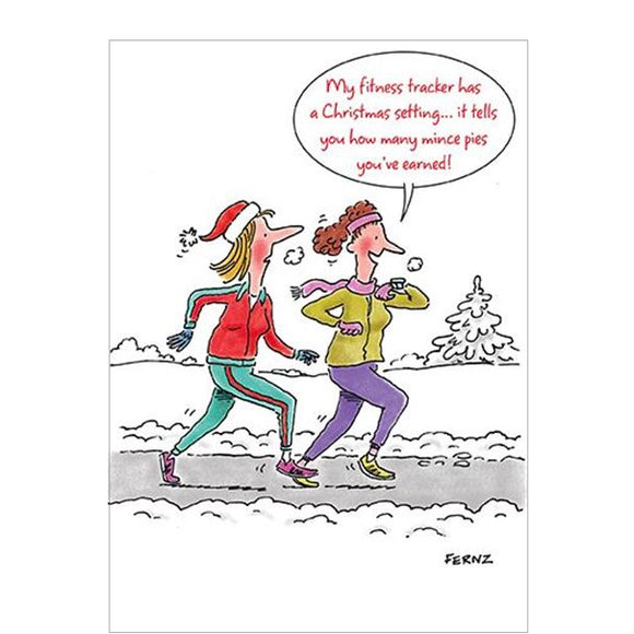 This funny Christmas card features an illustration by Fernz showing two women out for a run in the snow. The caption on the front of this Christmas card reads 