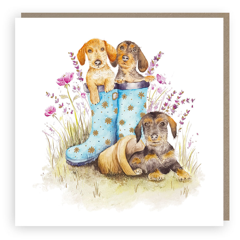 'Puppy planting' by Sarah Reilly  - Blank greetings card