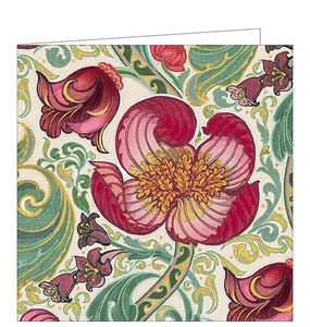 This stunning maximalist greetings card is covered with lusciously rich tulips and poppy flowers, outlined in gold. The artwork, by Laurence Llewelyn Bowen, was inspired by a line from Gilbert and Sullivan's opera, Patience.
