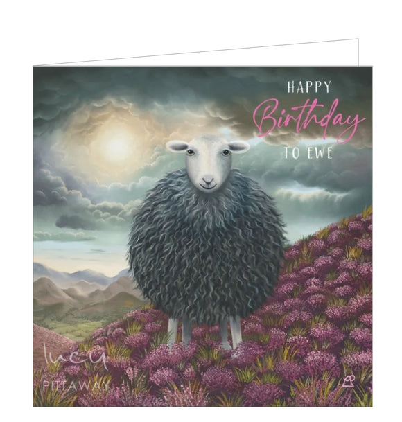 This birthday card features detail from an original pastel drawing by Lucy Pittaway showing an iconic Lake District herdwick sheep standing in a dark and moody landscape with the sun peeking through the clouds behind herdy. The caption on the front of the card reads 