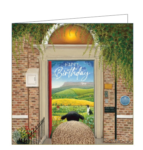 This birthday card is decorated with detail from an artwork by Lucy Pittaway showing a sheep looking through a vet surgery door through to the beautiful Yorkshire landscape, complete with a white horse carved into the hills and a border collie sheep dog keeping watch in the fields.