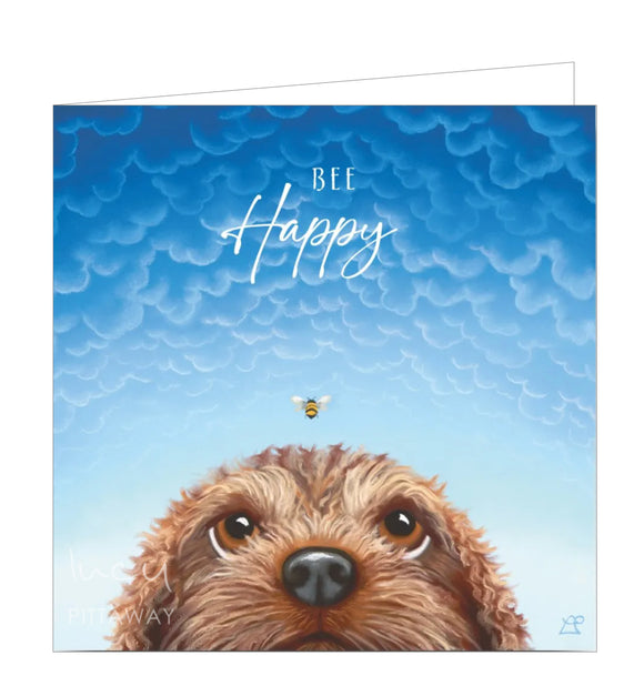 This lovely blank greetings card features detail from an original pastel artwork by Lucy Pittaway showing the top half of a dog's head as he watches a bee that could be about to land on his nose! A lovely blue sky is behind him, with the words 