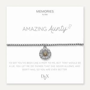 Surprise your auntie with this delightful bracelet. Featuring silver-colored beads and a delicate daisy charm in both silver and gold, it's the perfect gift for birthdays, mother's day, or any occasion. Packaged on a snow-white coloured card with silver text that reads "I'd say you've been like a mom to me but that would be a lie. You let me do things that she never allows and don't nag. So you are even better."