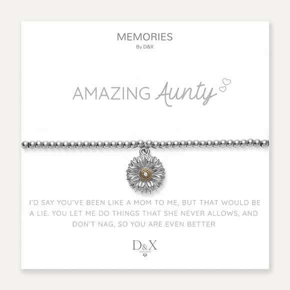 Surprise your auntie with this delightful bracelet. Featuring silver-colored beads and a delicate daisy charm in both silver and gold, it's the perfect gift for birthdays, mother's day, or any occasion. Packaged on a snow-white coloured card with silver text that reads 