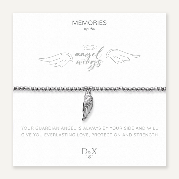 This bracelet serves as a gentle reminder that no one is ever alone. With its silver beaded design and delicate angel wing charm, this bracelet is a beautiful and comforting accessory. Packaged on a snow-white coloured card with silver text that reads 