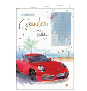 This birthday card for a special Grandson is decorated with an illustration of a red sportscar with a numberplate that reads "BDAY1".  The text on the front of this birthday card reads "With love Grandson, on your Birthday...Today's all about YOU...It's about living life to the full and CHASING your dreams...It's about seeking out ADVENTURE and SAVOURING each moment..."