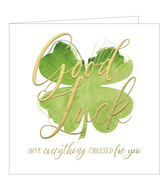 It's always sad for a friend to move on but you can wish them well with this beautiful Clare Maddicott card. Gold text over a green shamrock and white background reads 