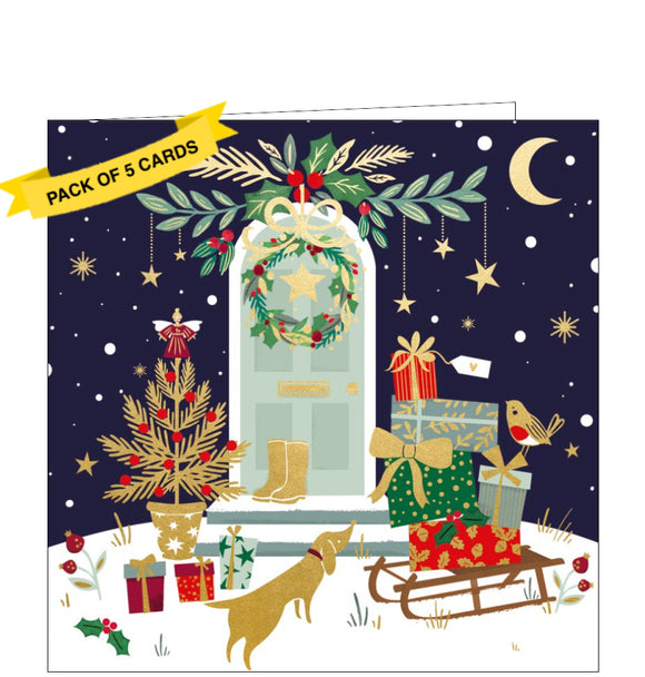 This stunning pack of charity Christmas cards includes 5 cards of one design. The cards are decorated with a cute illustration showing a very festive front door - complete with wreath, a Christmas tree and a sleigh.