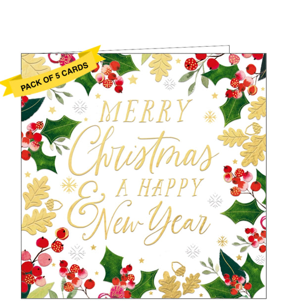 This stunning pack of charity Christmas cards includes 5 cards of one design. The cards are decorated with a border of winter berries and foliage surrounding gold text that reads 