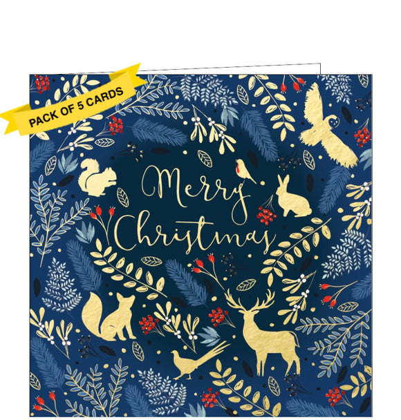 This stunning pack of charity Christmas cards includes 5 cards of one design. The cards are decorated with golden animals and foliage sprinkled across a dark blue background. Gold text on the front of the cards reads 
