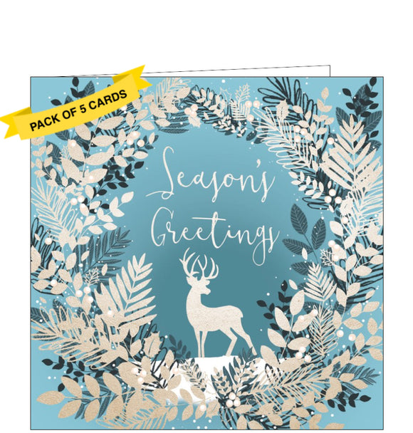 This stunning pack of charity Christmas cards includes 5 cards of one design. The cards are decorated in an icy colour palate of blues, white and silver, showing a stag standing in the middle of a wreath. Silver text on the front of the card reads 