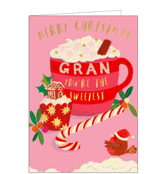 This Christmas card for a special gran is decorated with a pink and red mug of delicious hot chocolate, topped with cream, marshmallows, golden stars and a flake! Gold text on the front of the card reads 