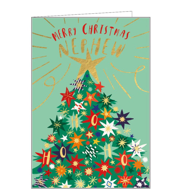 This Christmas card fr a special nephew is decorated with a striking christmas tree covered in gold, red, blue and white decorations and topped with a gold star. The caption on the front of the card reads 