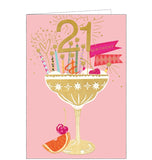 This fabulous 21st birthday card is decorated with a stunning cocktail glass in gold, sporting candles and a large 21, all set off by a pink background.