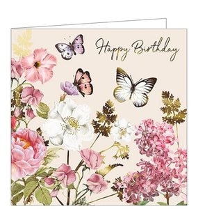 This is a stunning birthday card decorated with an illustration of three butterflies gathering nectar from dreamy pink and gold flowers. Gold text in the top corner of the card reads "Happy Birthday".