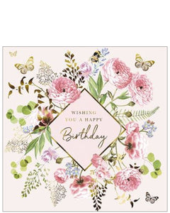 Pink blooms with gold butterflies  - Birthday card